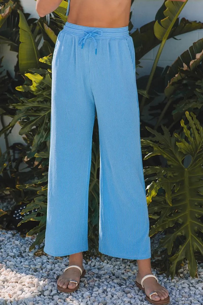 Blue Solid Corded Knit Short Sleeve T Shirt and Wide Leg Pants Set - Love Salve
